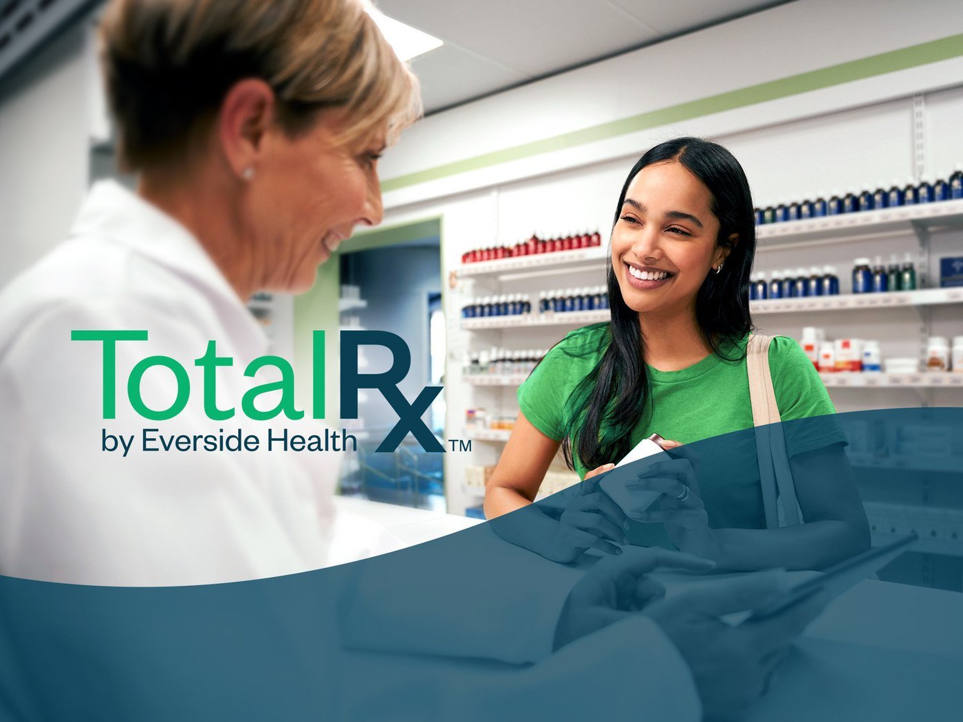 physician and patient smiling at each other, TotalRx logo